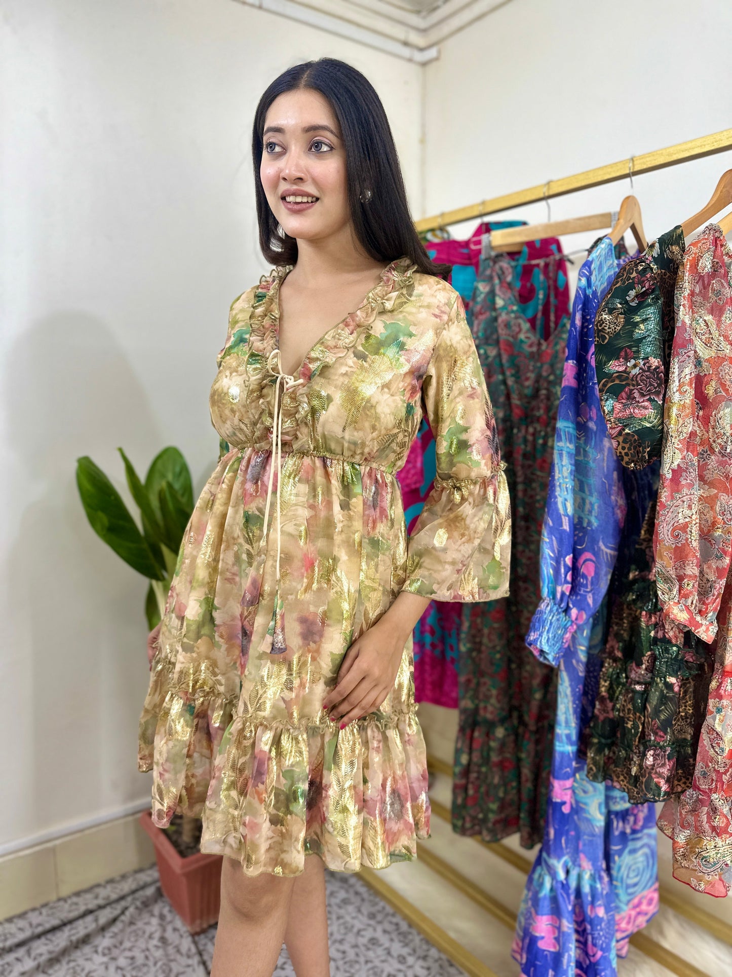 Beige Floral Printer Jacquard Fabric Short Dress