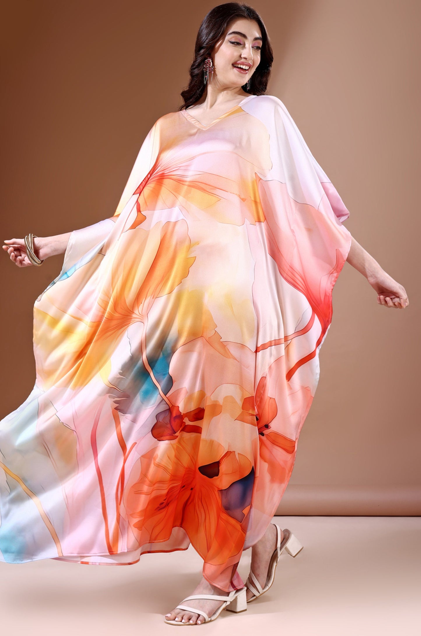 Vibrant Oasis Soft Satin Kaftan with Digital Print