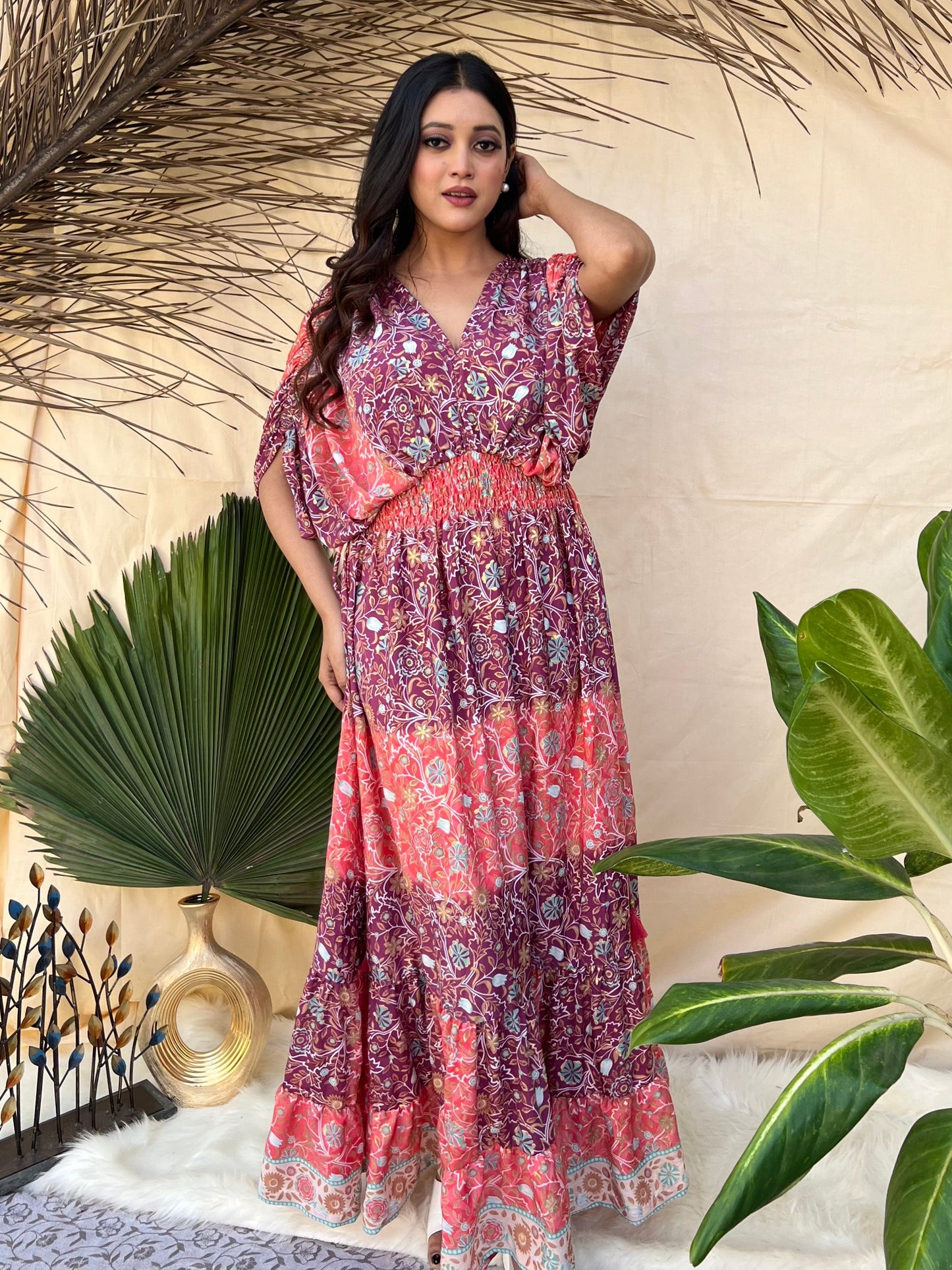 Balloon Sleeves Two Shade Boho Maxi Dress
