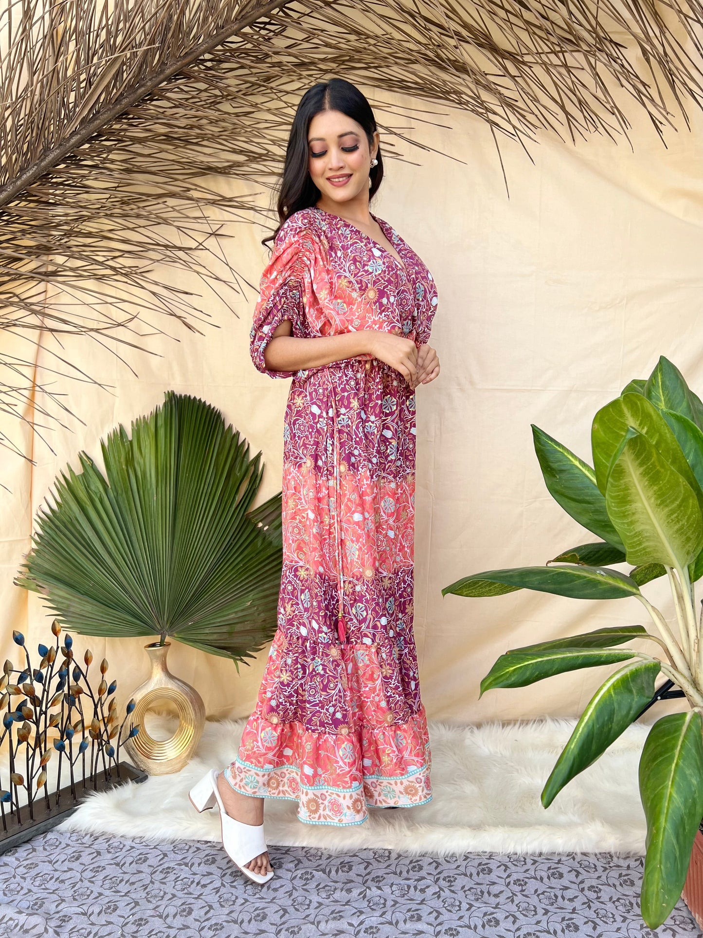 Balloon Sleeves Two Shade Boho Maxi Dress