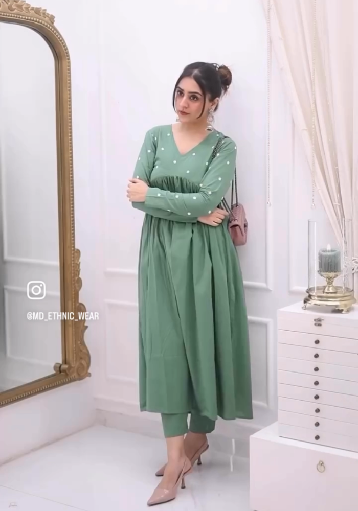 Olive Embroidered Nyra Cut Cotton Kurta Pant Set