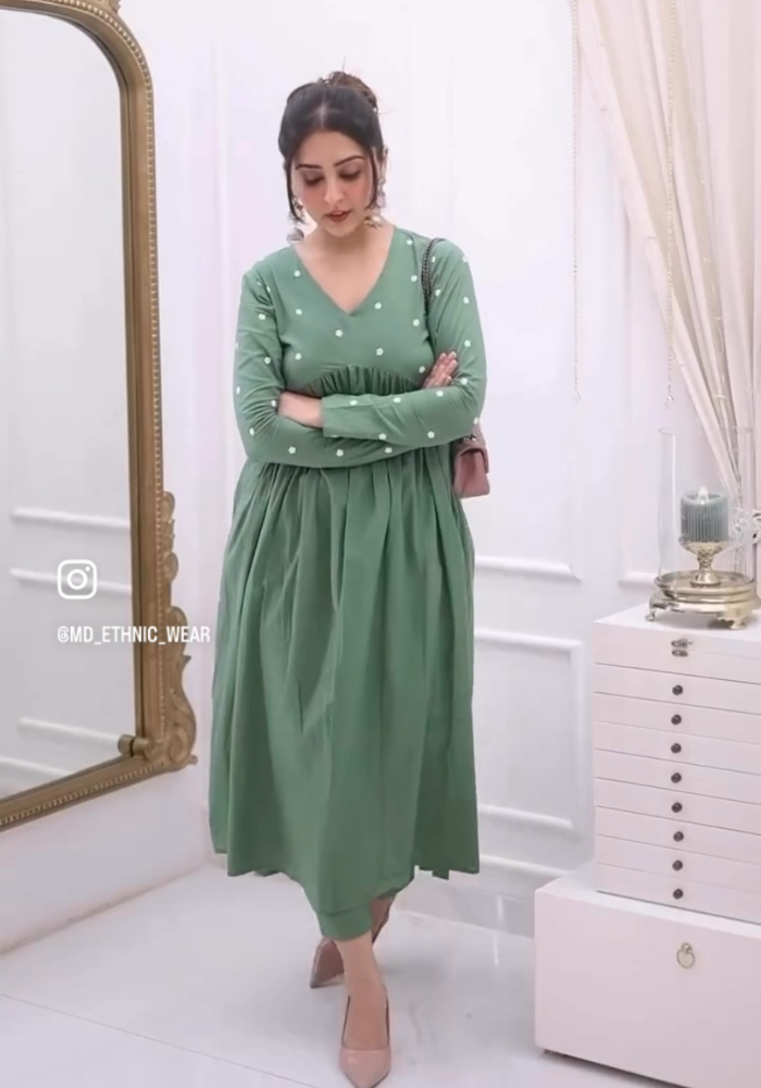 Olive Embroidered Nyra Cut Cotton Kurta Pant Set