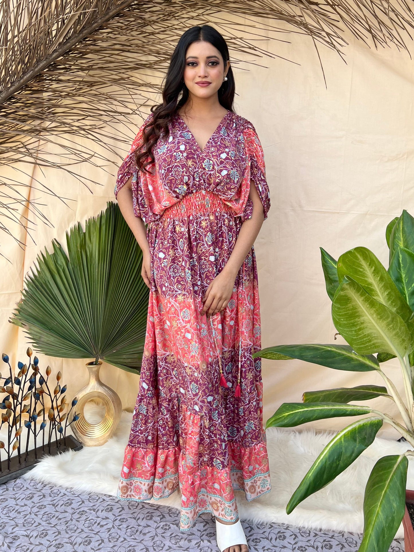 Balloon Sleeves Two Shade Boho Maxi Dress