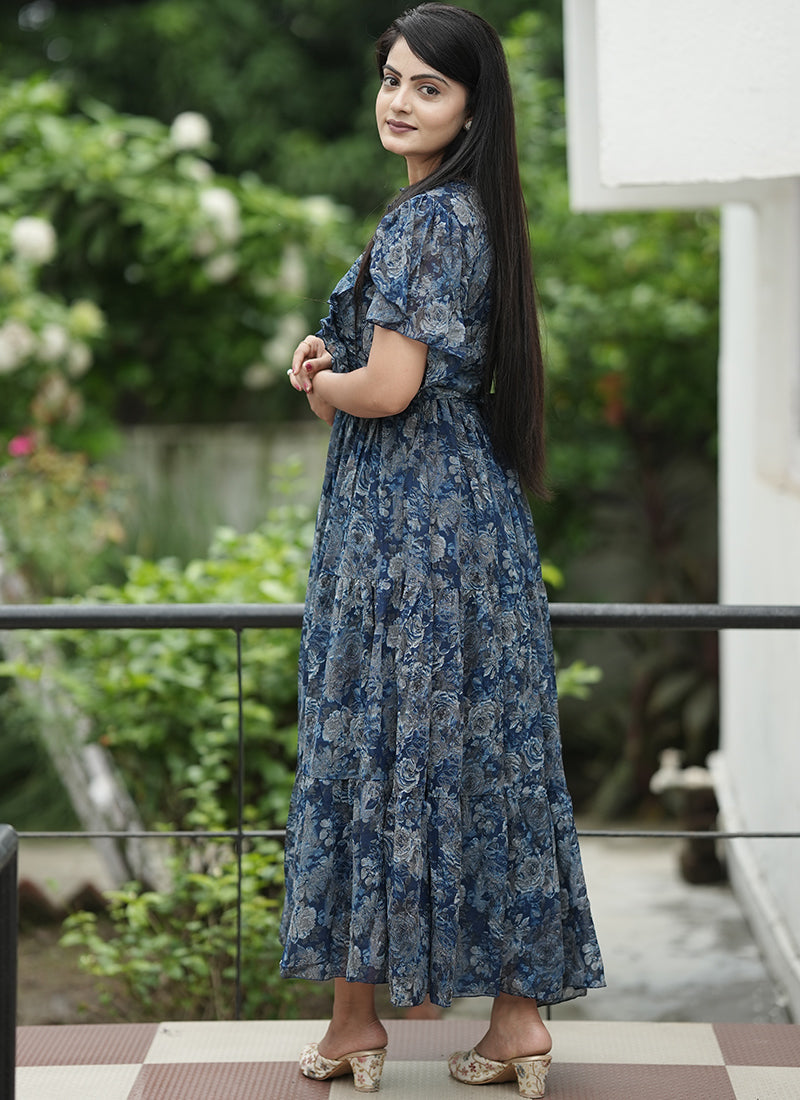 Blue Georgette Abstract Printed Festive Dress