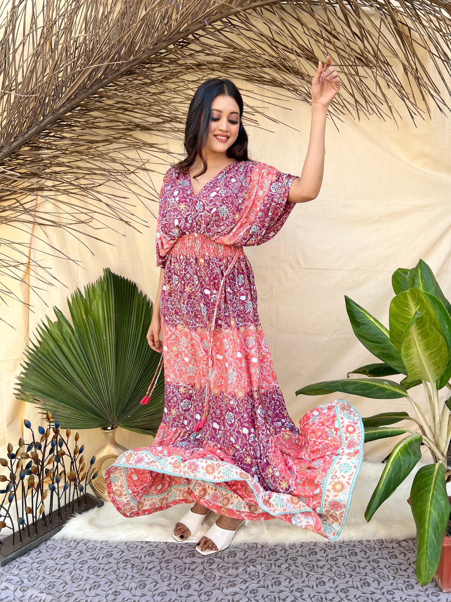 Balloon Sleeves Two Shade Boho Maxi Dress