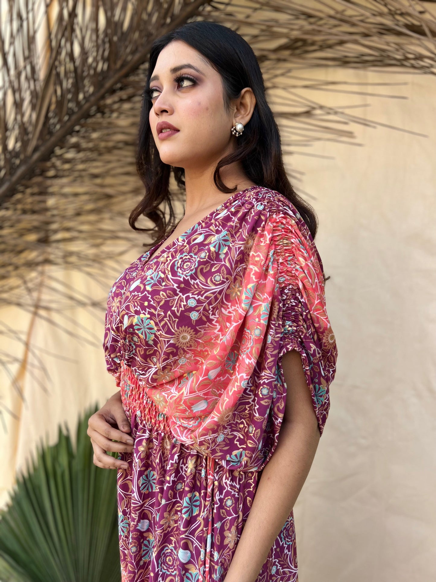 Balloon Sleeves Two Shade Boho Maxi Dress