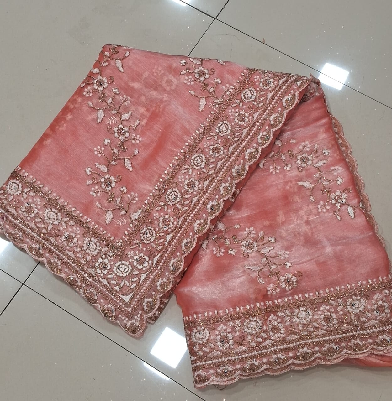 Peach Diamond Hand Work New Party Wear Launching Designer saree