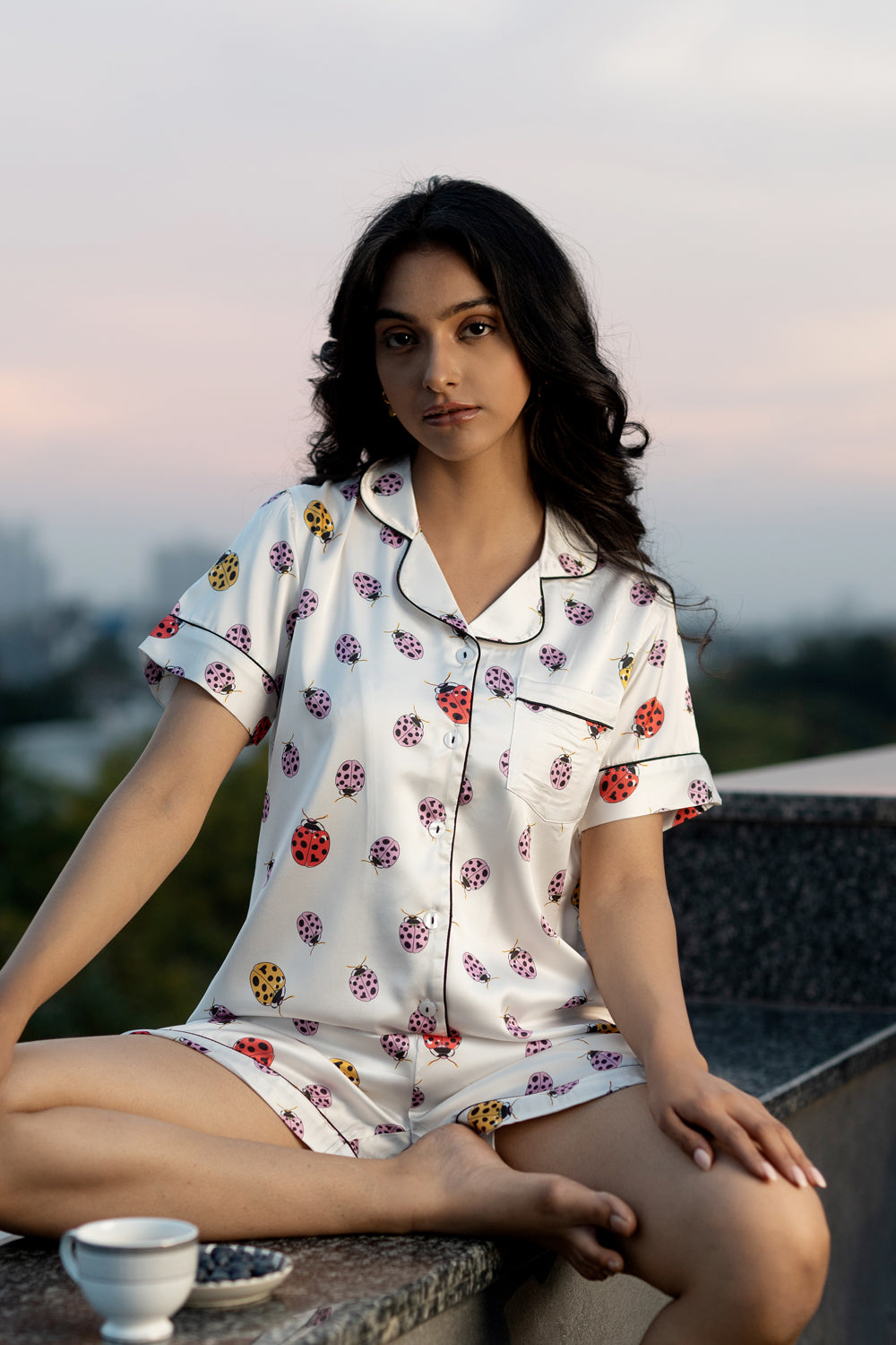 Lady Bug Printed Satin Short Night Suit Set (Top, shorts & Pj)