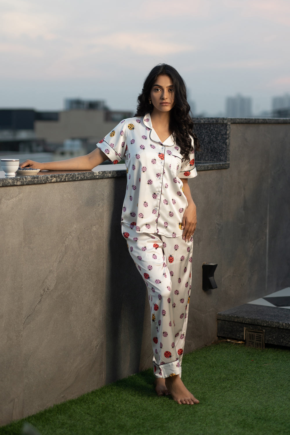 Lady Bug Printed Satin Short Night Suit Set (Top, shorts & Pj)