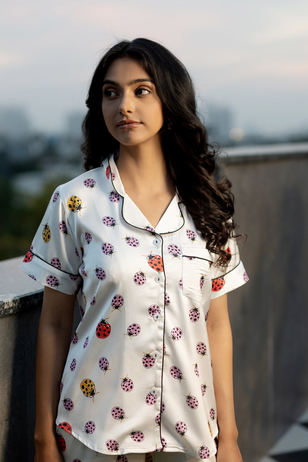 Lady Bug Printed Satin Short Night Suit Set (Top, shorts & Pj)