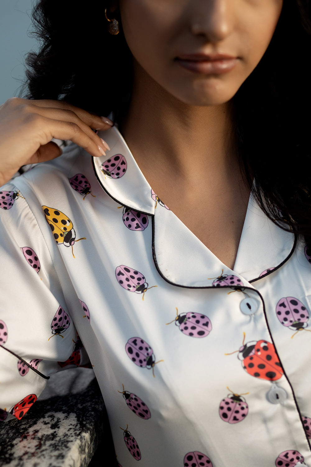 Lady Bug Printed Satin Short Night Suit Set (Top, shorts & Pj)