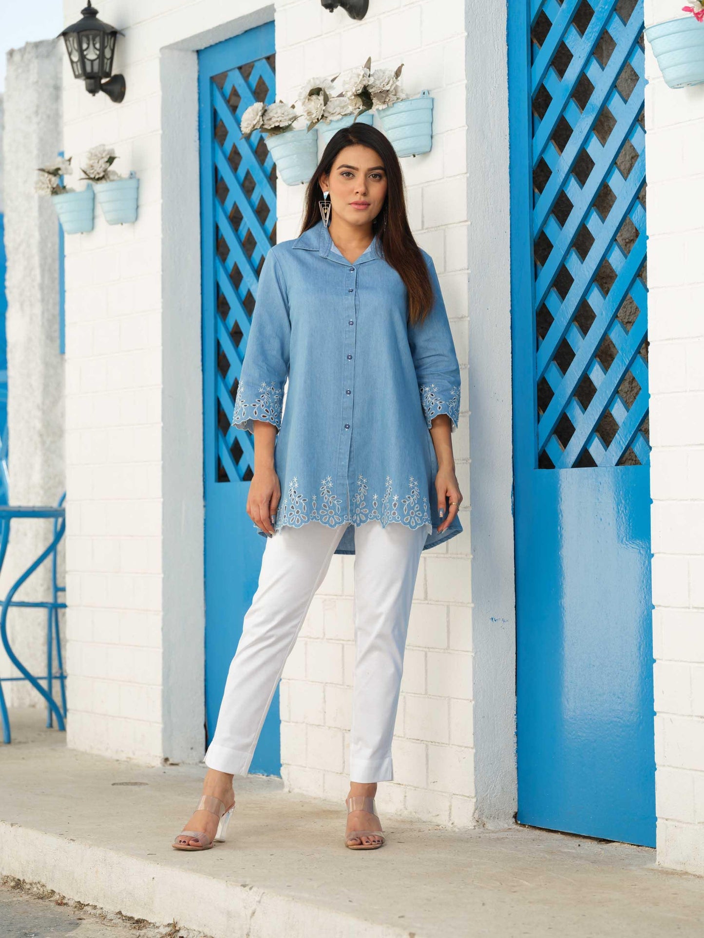 Shirt collar denim top with cutwork embroidery