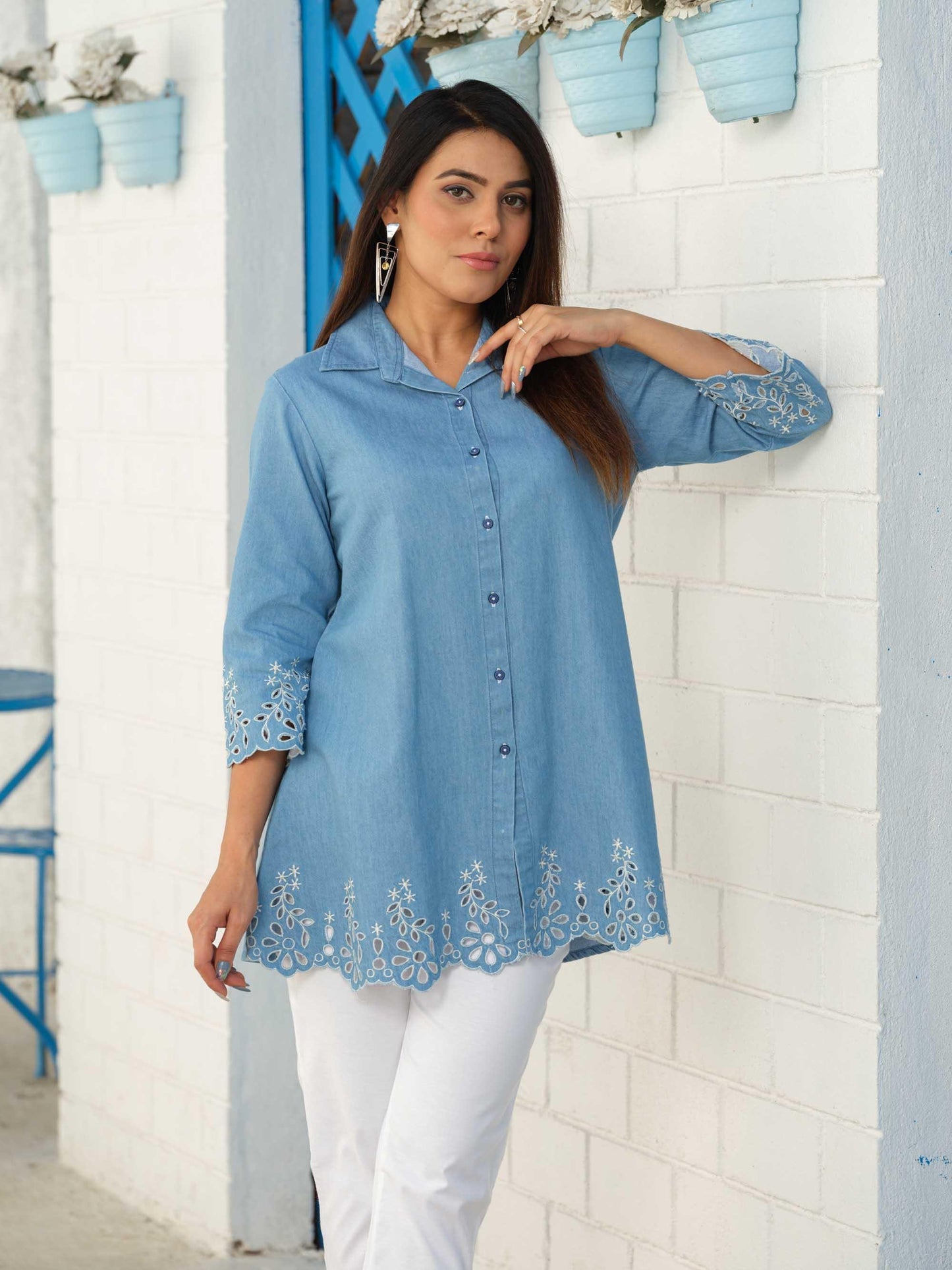 Shirt collar denim top with cutwork embroidery