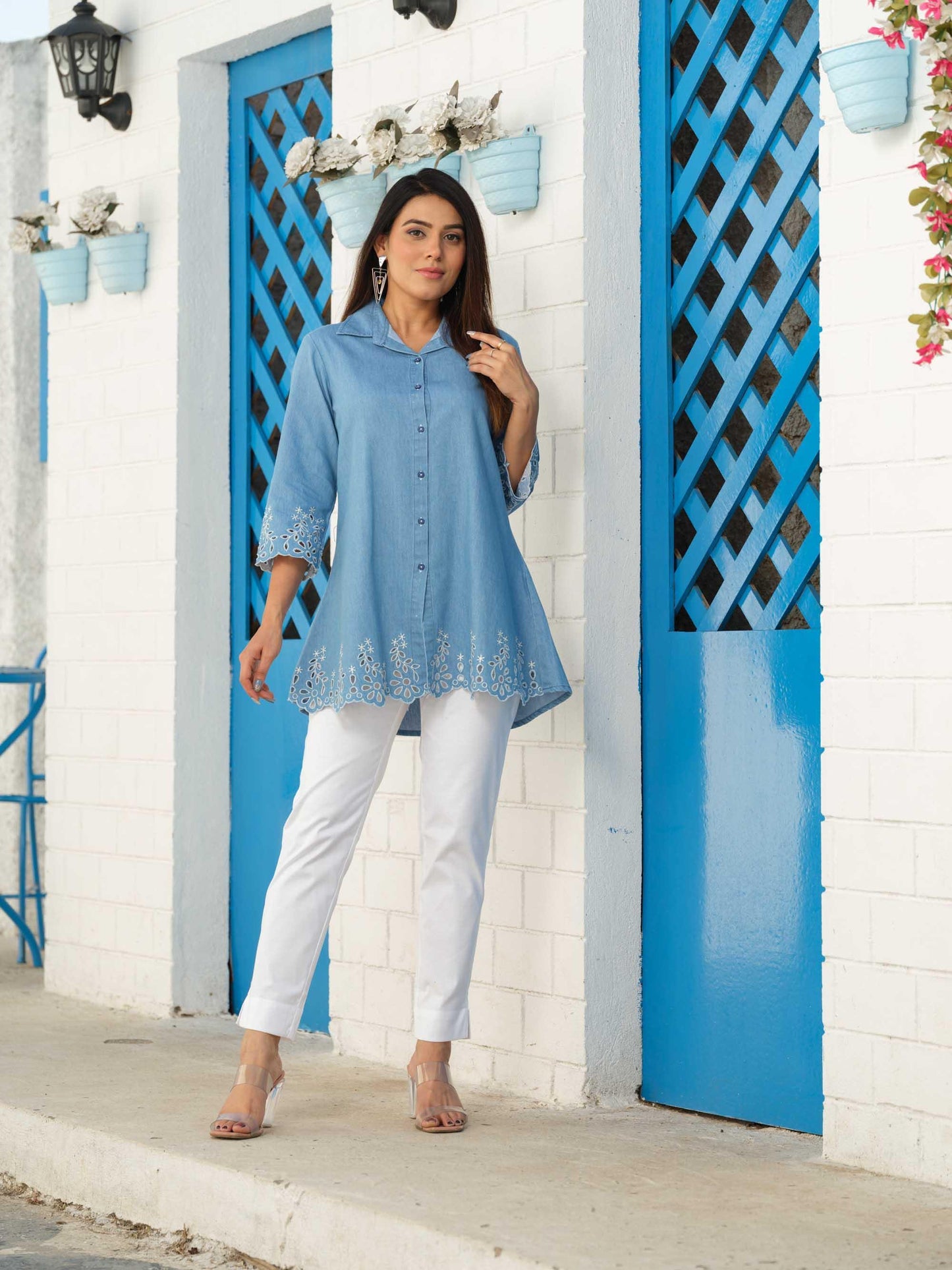 Shirt collar denim top with cutwork embroidery