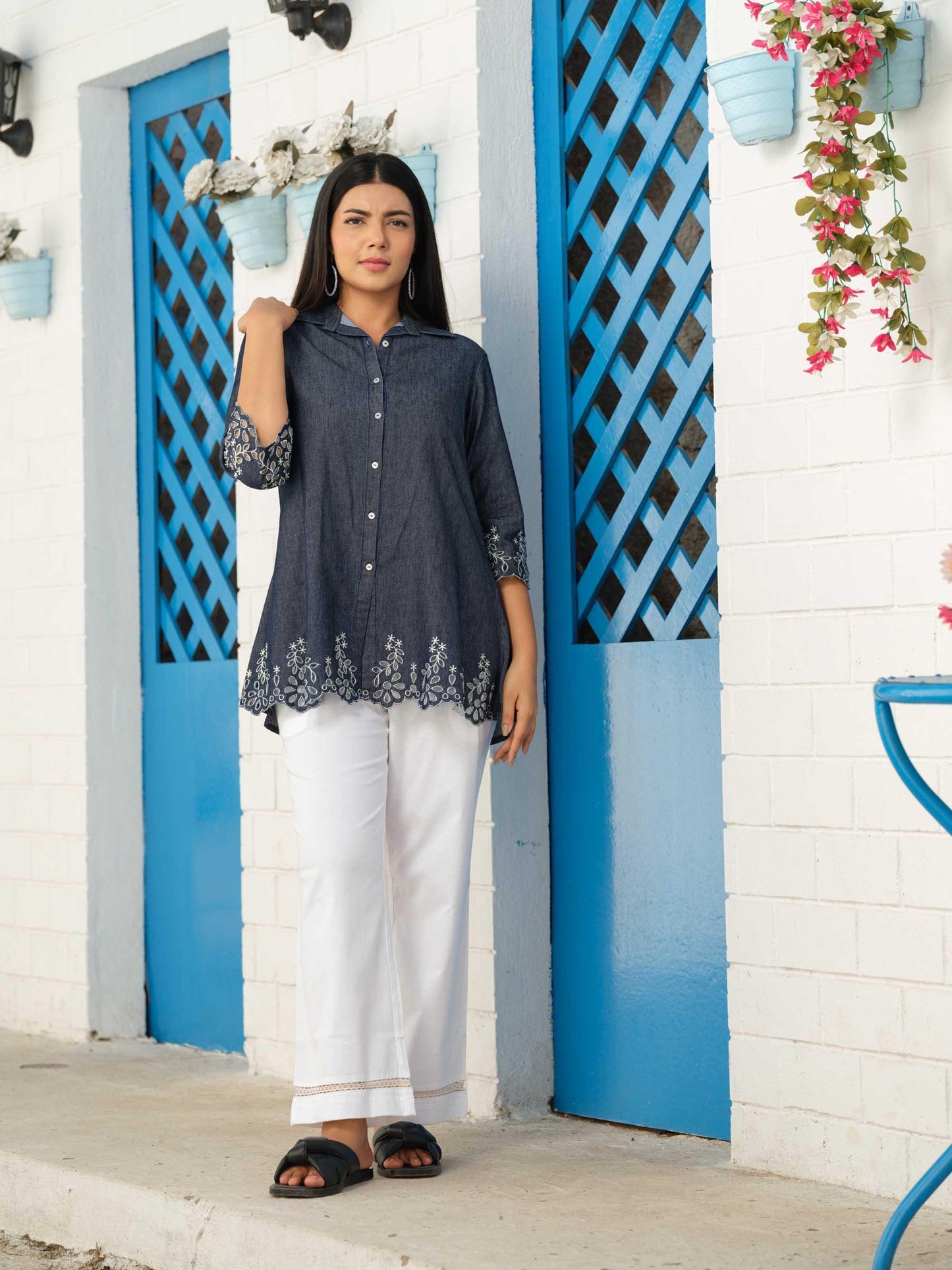 Shirt collar denim top with cutwork embroidery