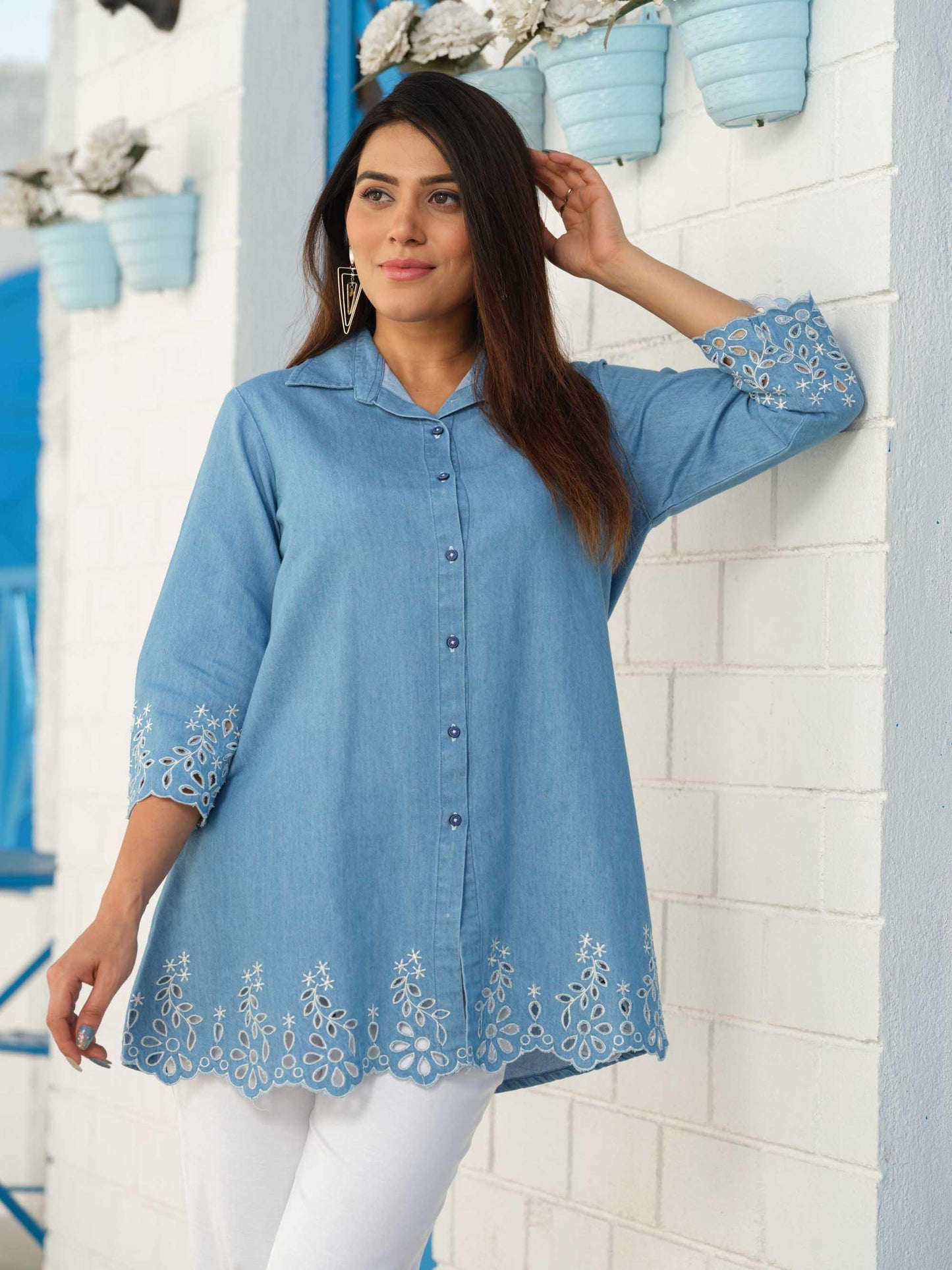 Shirt collar denim top with cutwork embroidery