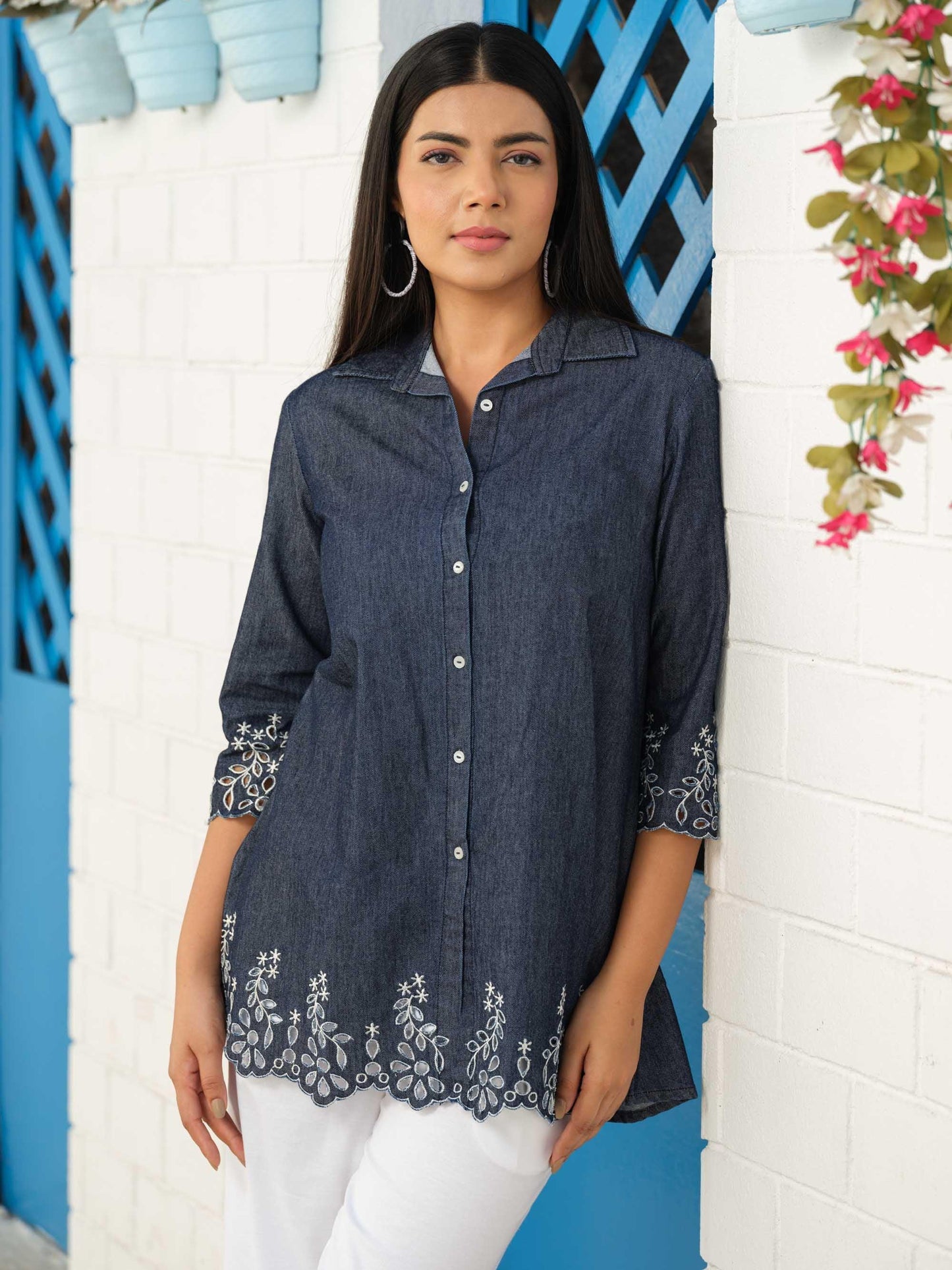 Shirt collar denim top with cutwork embroidery