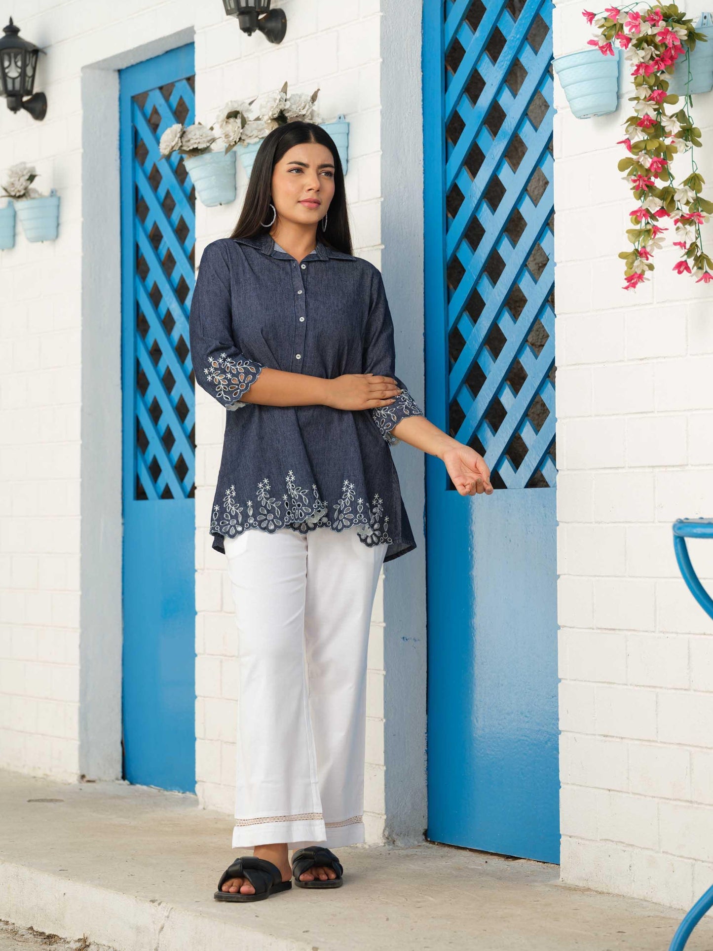 Shirt collar denim top with cutwork embroidery
