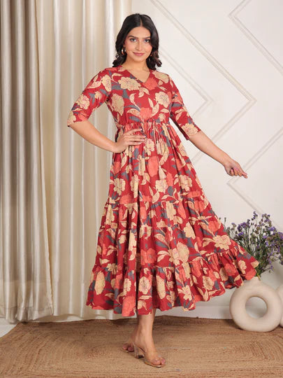 Soft Cotton Floral Anarkali Maroon Dress