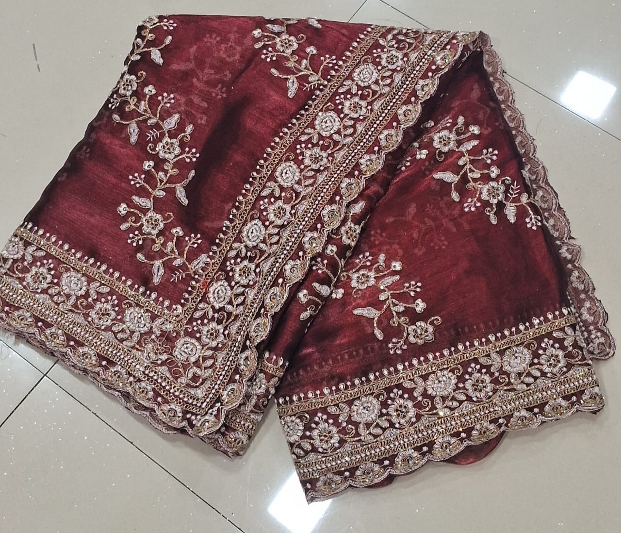 Maroon Diamond Hand Work Party Wear Launching Designer saree jimmy Choo Fabric With Glitter Dori Embroidery work