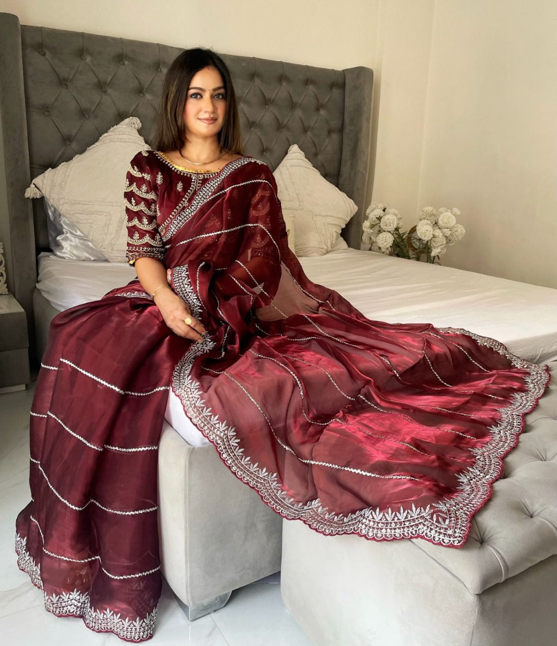 Red Party Wear Launching Designer Dana Handwork work