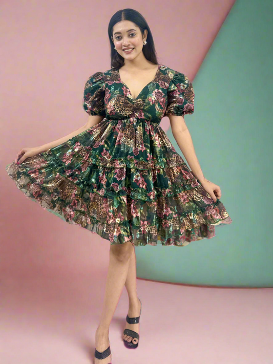Green Tiger Printed Jacquard Fabric Short Dress