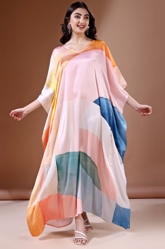 Pastel Dreamscape Soft Satin Kaftan with Digital Print