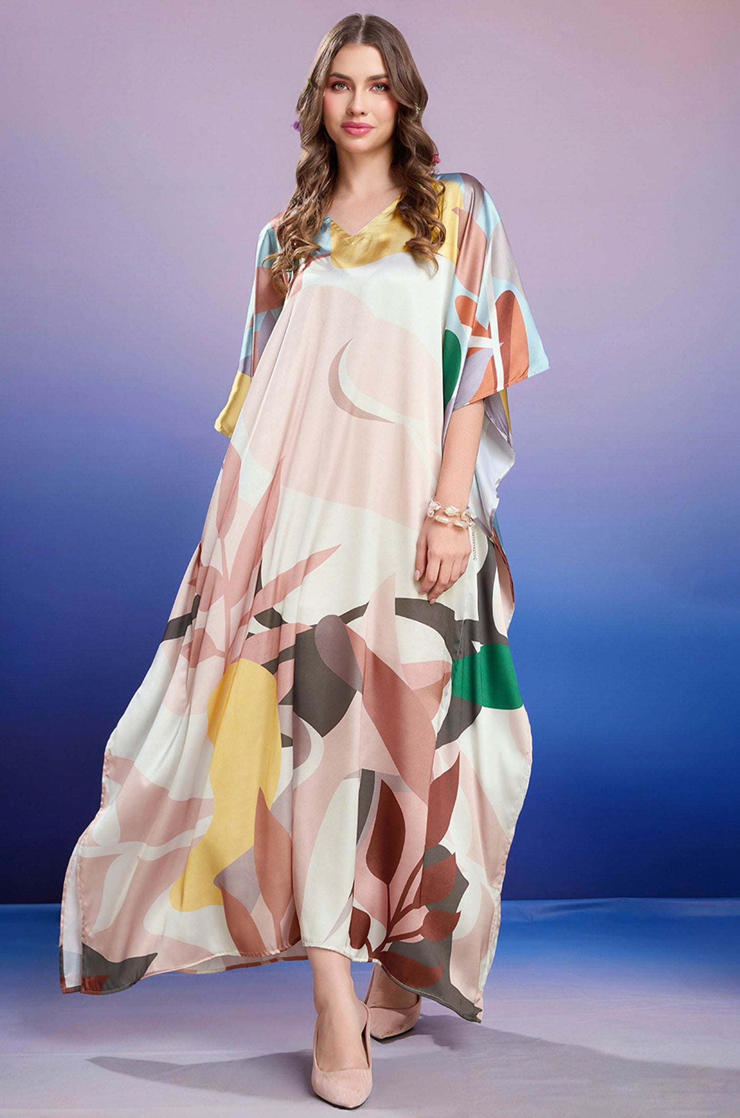 Rosy Mist Soft Satin Kaftan with Digital Print