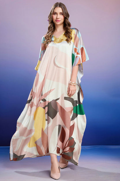 Rosy Mist Soft Satin Kaftan with Digital Print