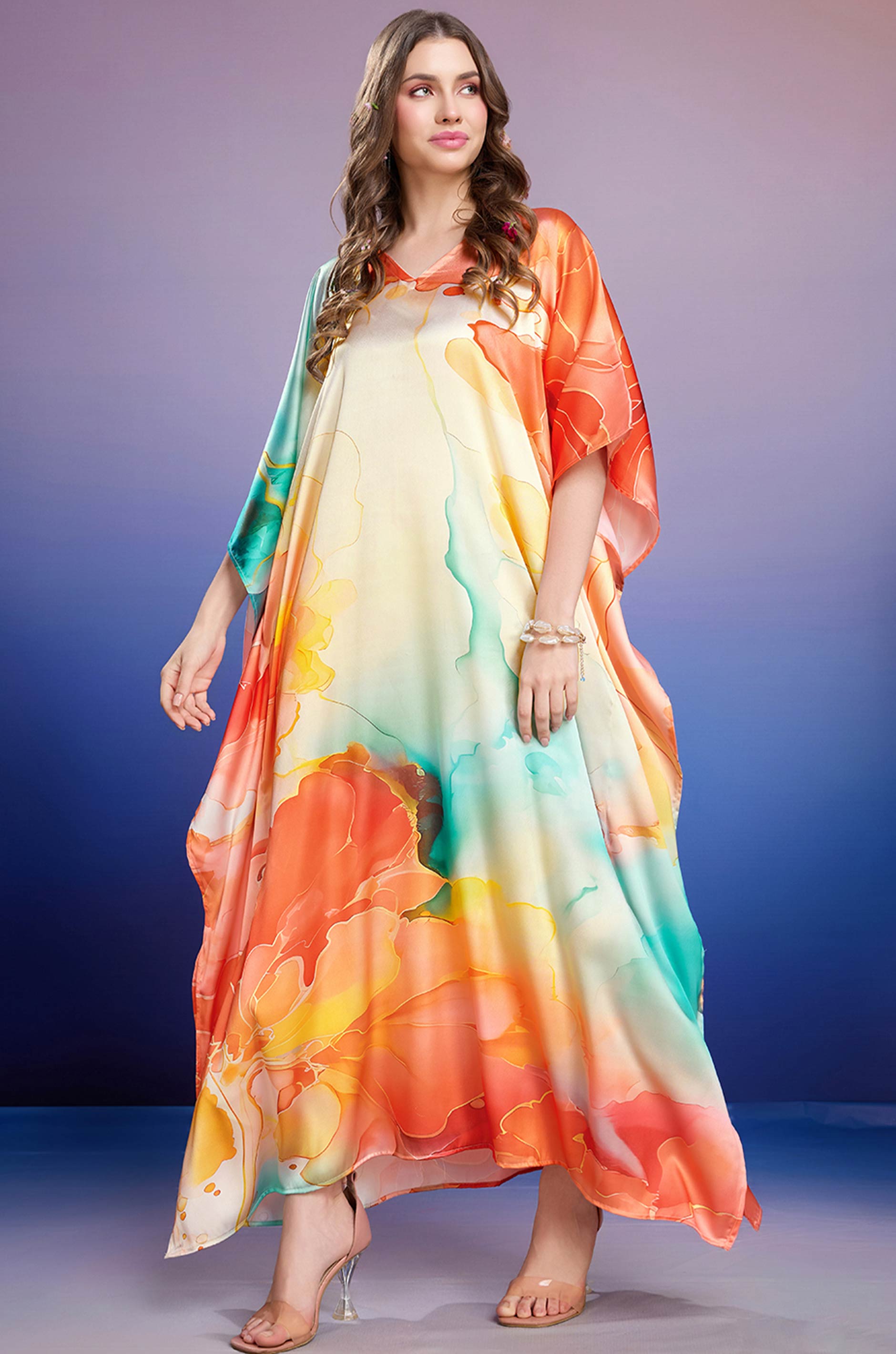 Lush Meadows Soft Satin Kaftan with Digital Print