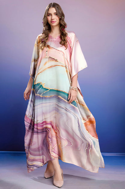Seashell Serenity Soft Satin Kaftan with Digital Print