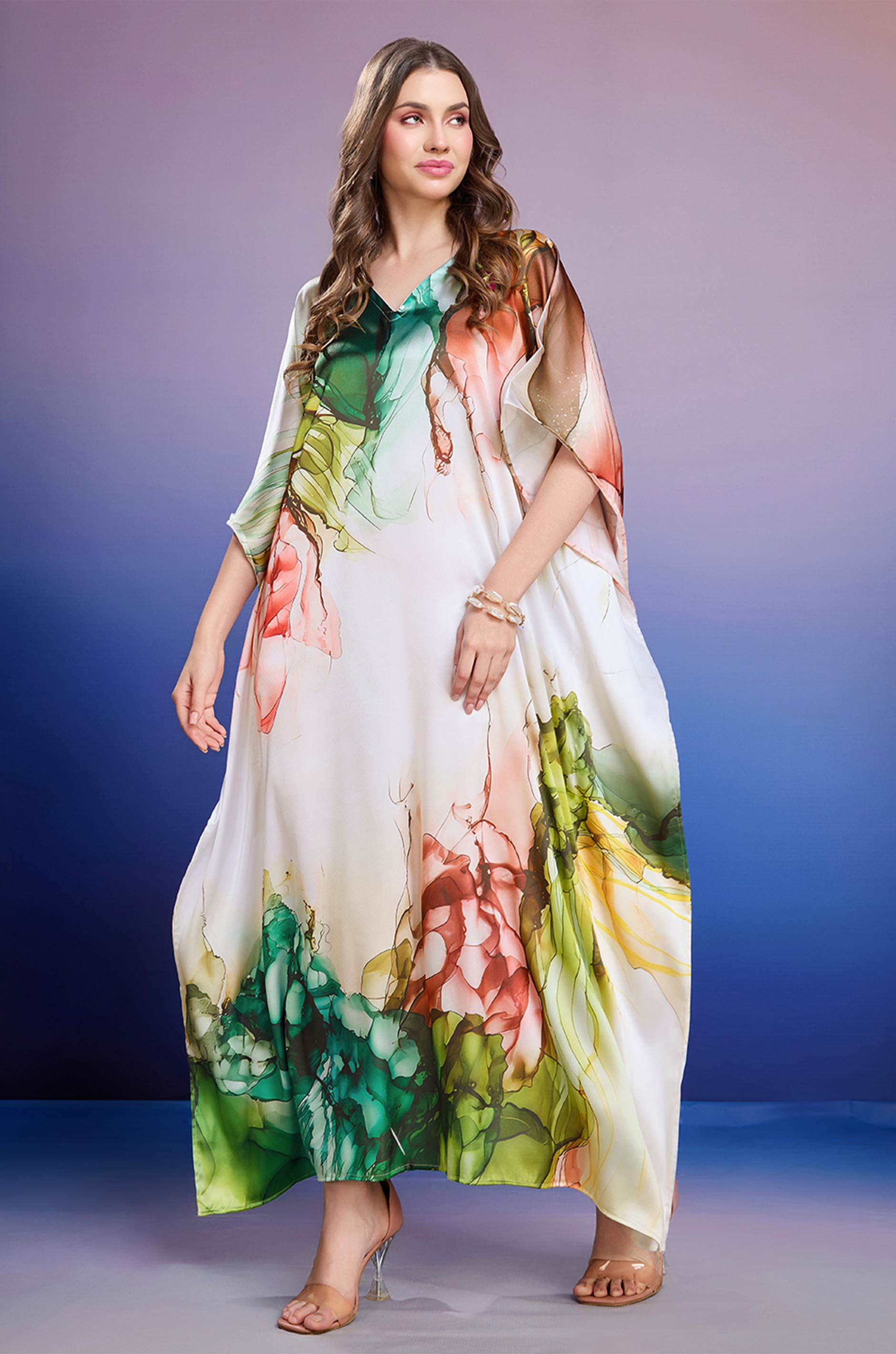 Luminous Garden Soft Satin Kaftan with Digital Print