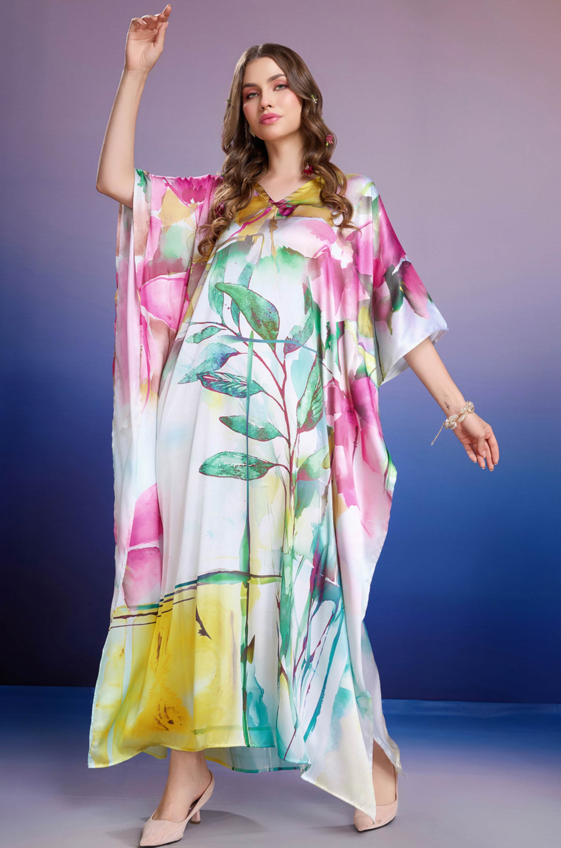 Leafy Dawn Soft Satin Kaftan with Digital Print