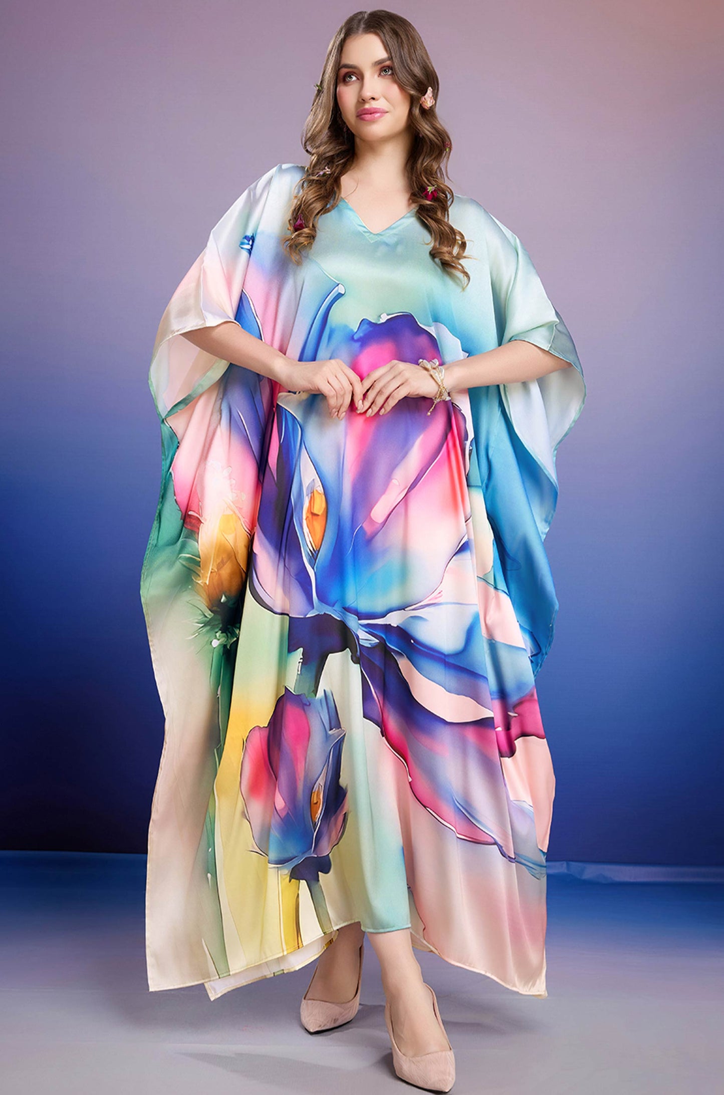Blue Petal Grace Soft Satin Kaftan with Digital Print