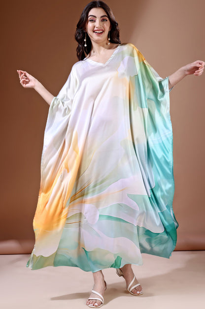 Aqua Waves Soft Satin Kaftan with Digital Print