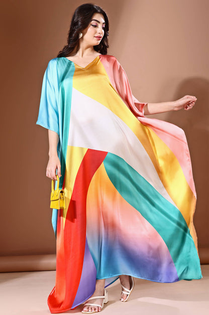 Rainbow Mirage Soft Satin Kaftan with Digital Print