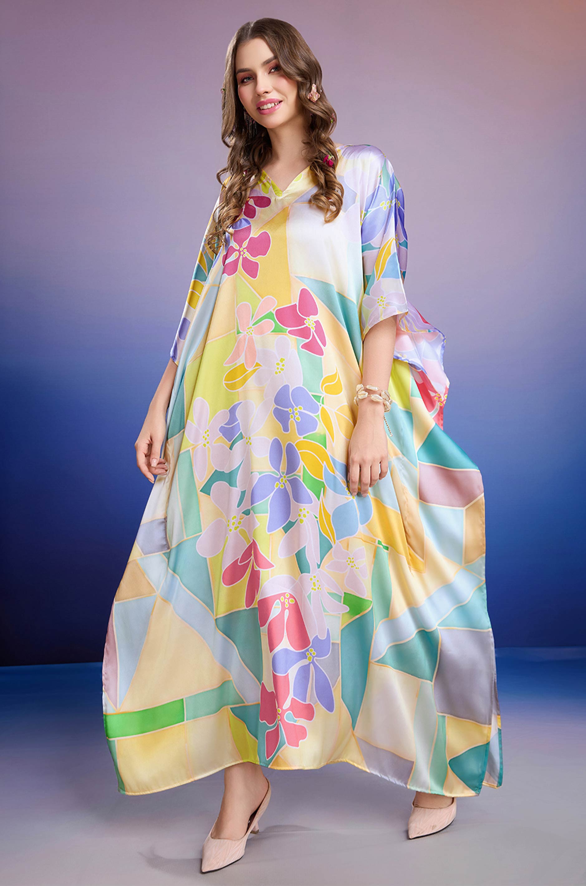 Lemon Blossom Soft Satin Kaftan with Digital Print
