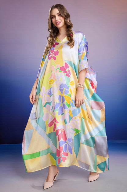 Lemon Blossom Soft Satin Kaftan with Digital Print