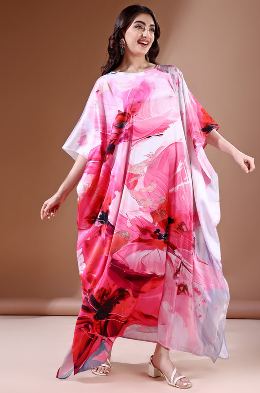 Pink Haven Soft Satin Kaftan with Digital Print