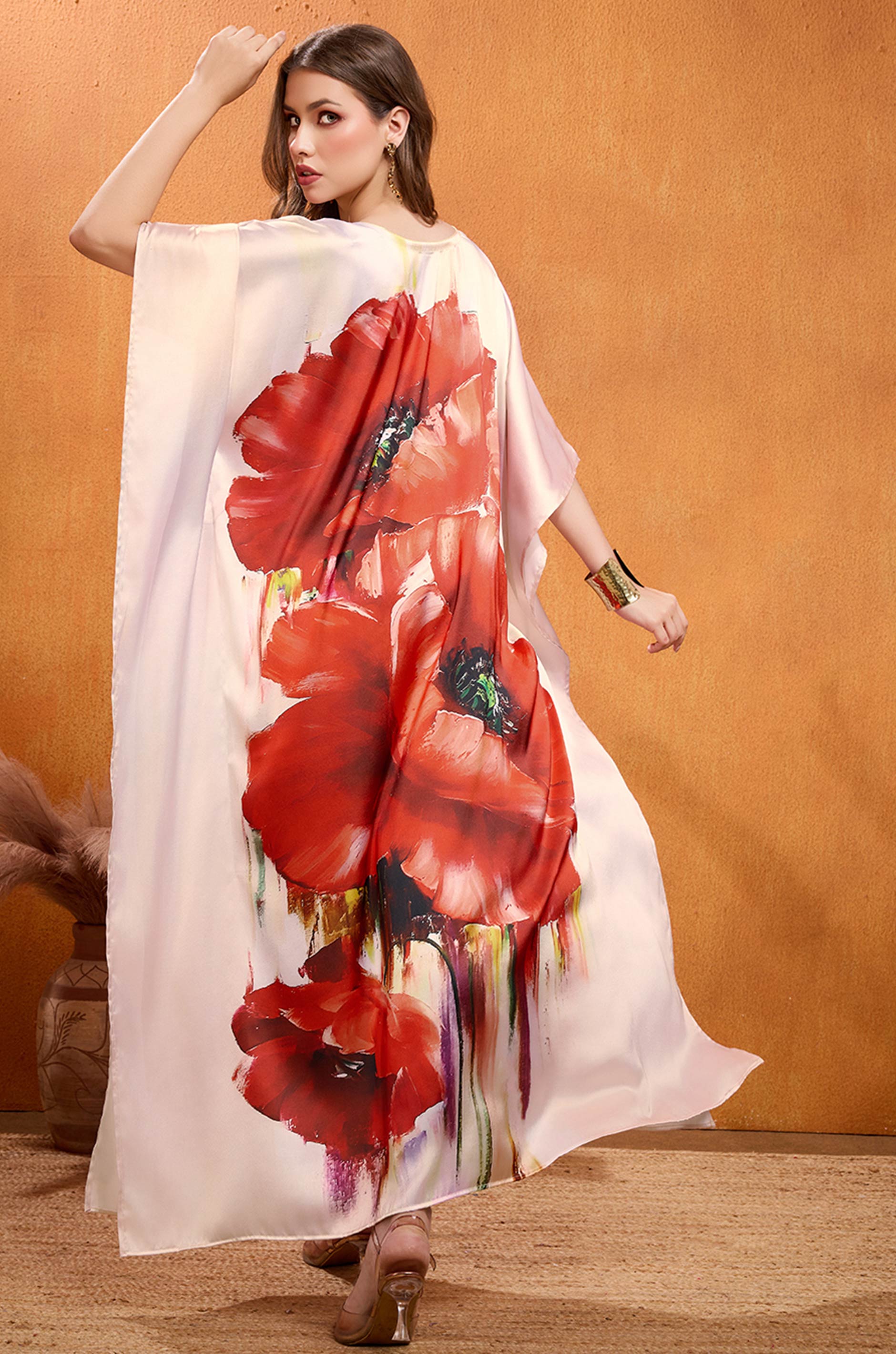 Ivory Rose Soft Satin Kaftan with Digital Print