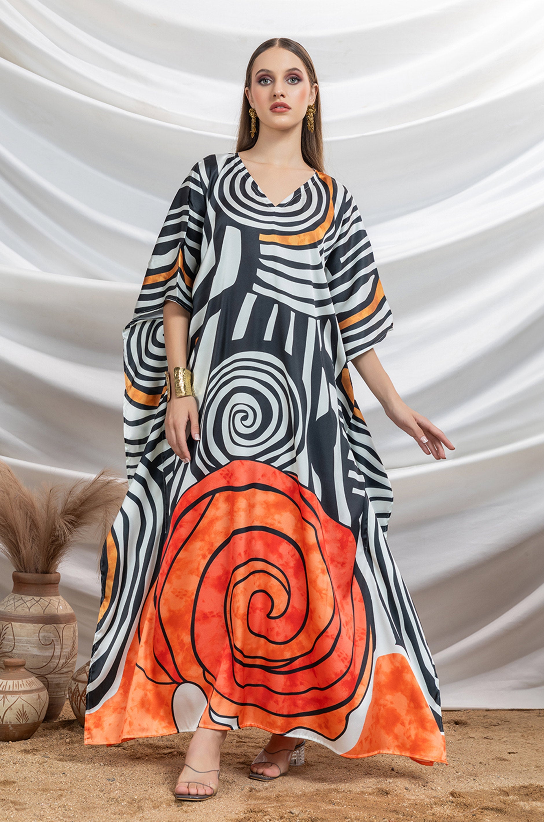 Monochrome Twist Soft Satin Women Dress Kaftan