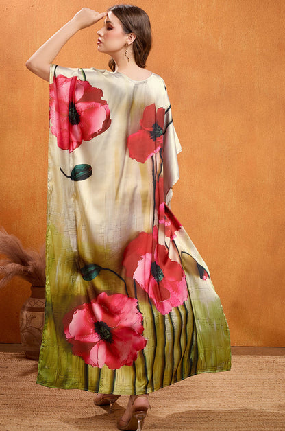 Rosewood Flame Soft Satin Kaftan with Digital Print
