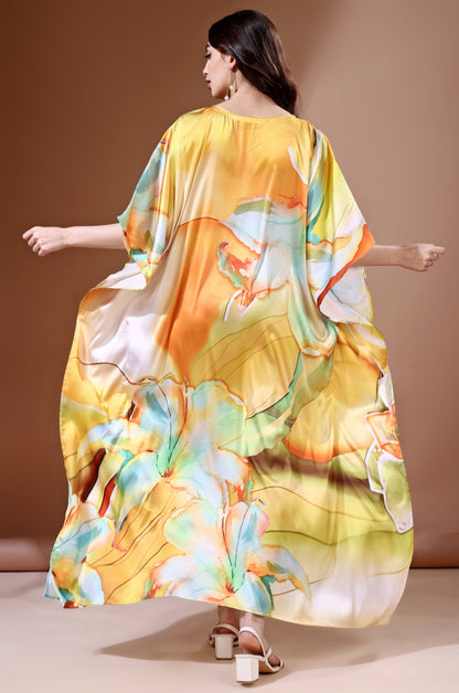 Sunset Bloom Soft Satin Kaftan with Digital Print