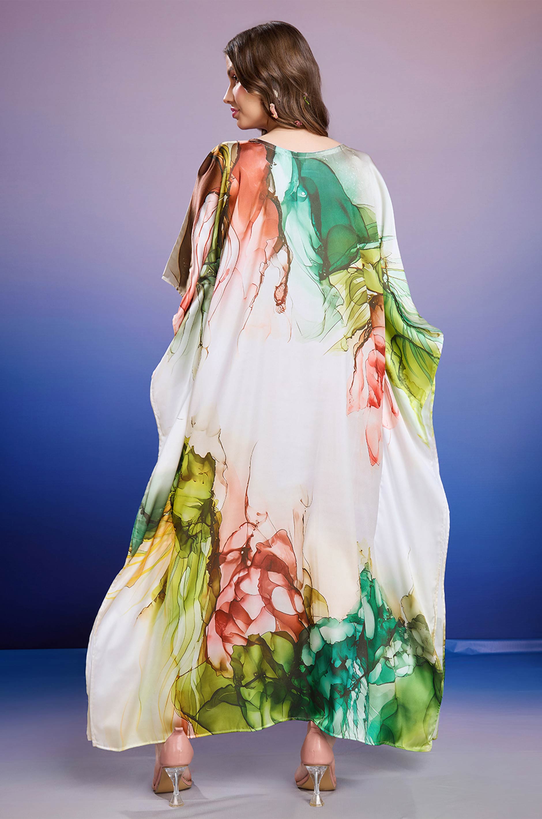 Luminous Garden Soft Satin Kaftan with Digital Print