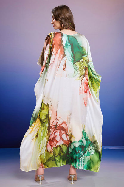Luminous Garden Soft Satin Kaftan with Digital Print