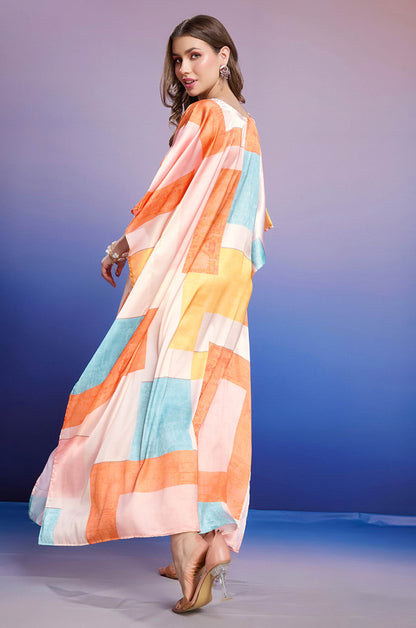 Saffron Breeze Soft Satin Kaftan with Digital Print