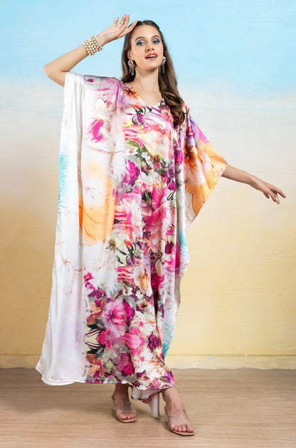 Rosette Bloom Soft Satin Women Dress Kaftan