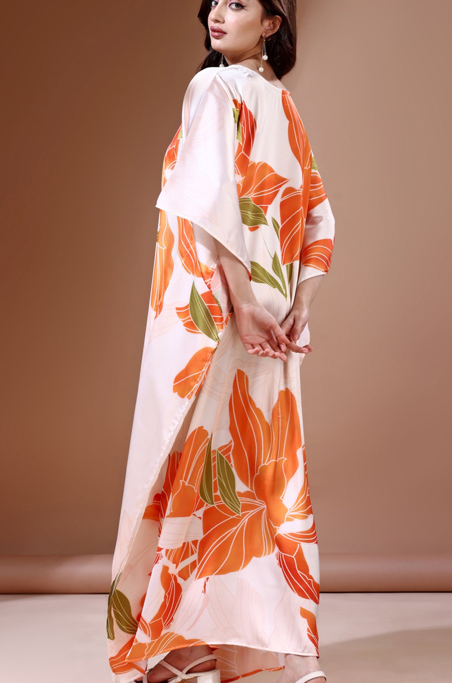 Tangerine Blossom Soft Satin Kaftan with Digital Print