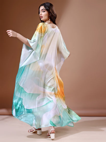 Aqua Waves Soft Satin Kaftan with Digital Print
