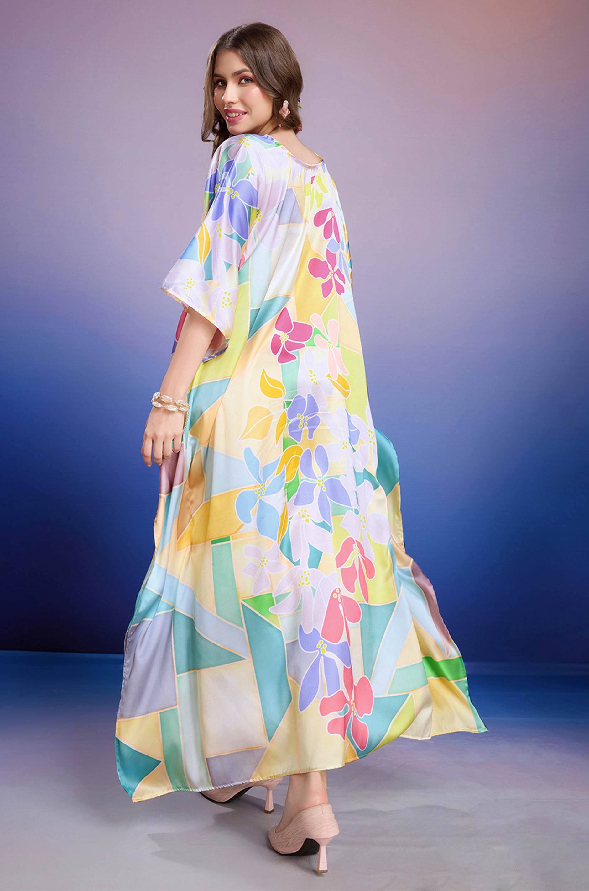 Lemon Blossom Soft Satin Kaftan with Digital Print